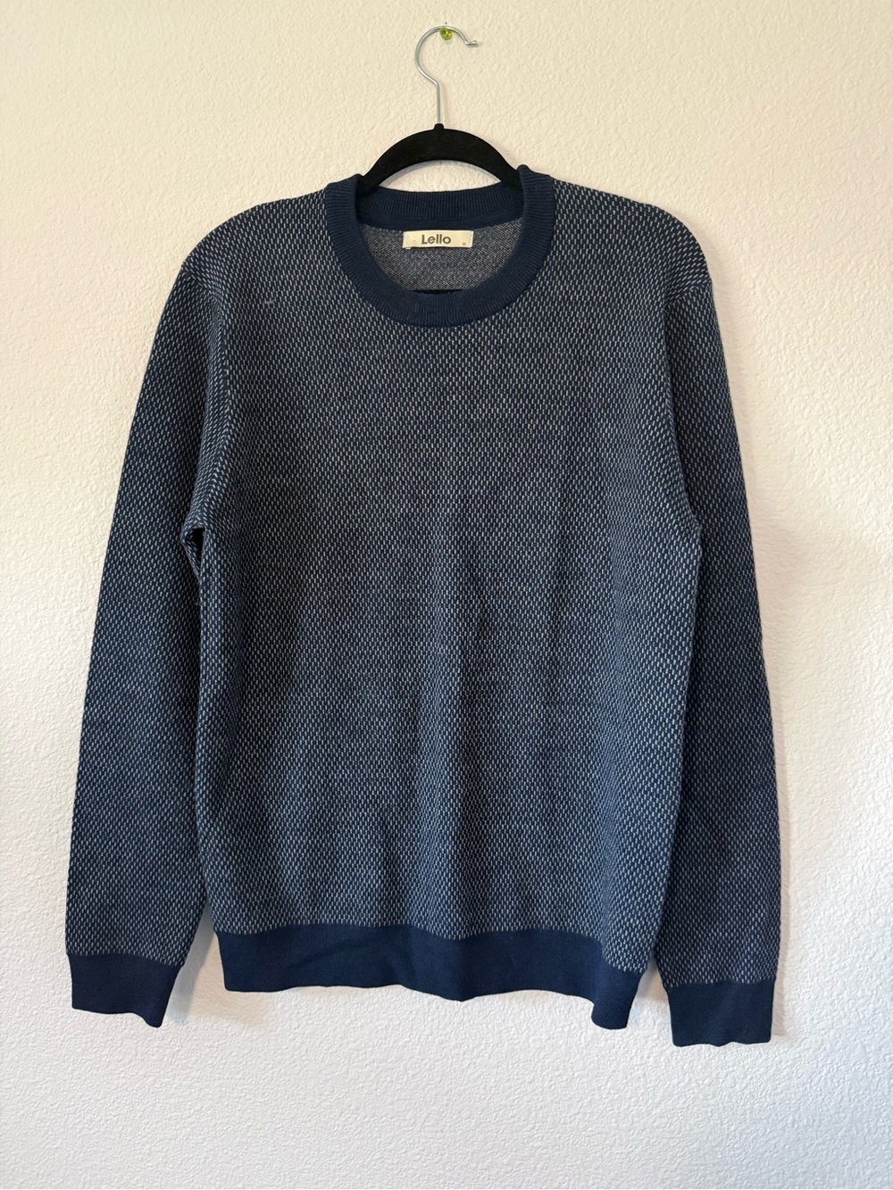 Lello Men's Navy Crewneck Textured Knit Sweater 100% Merino Wool. M1